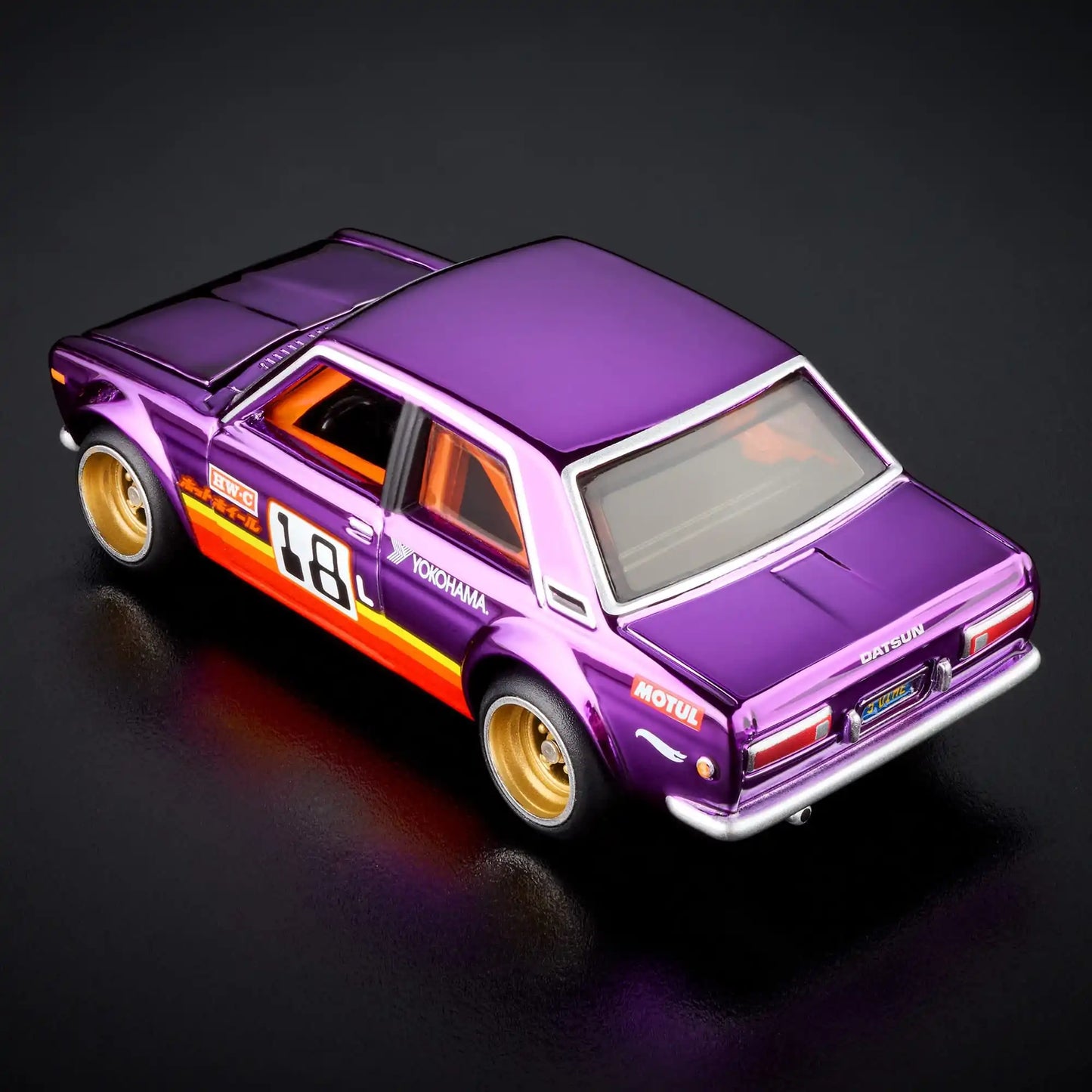 Hot Wheels RLC Exclusive '71 Datsun 510 in Spectraflame Purple with opening hood, L18 engine, and Real Riders gold 4-spoke wheels.