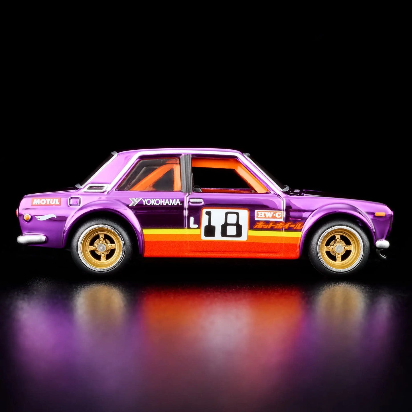 Hot Wheels RLC Exclusive '71 Datsun 510 in Spectraflame Purple with opening hood, L18 engine, and Real Riders gold 4-spoke wheels.