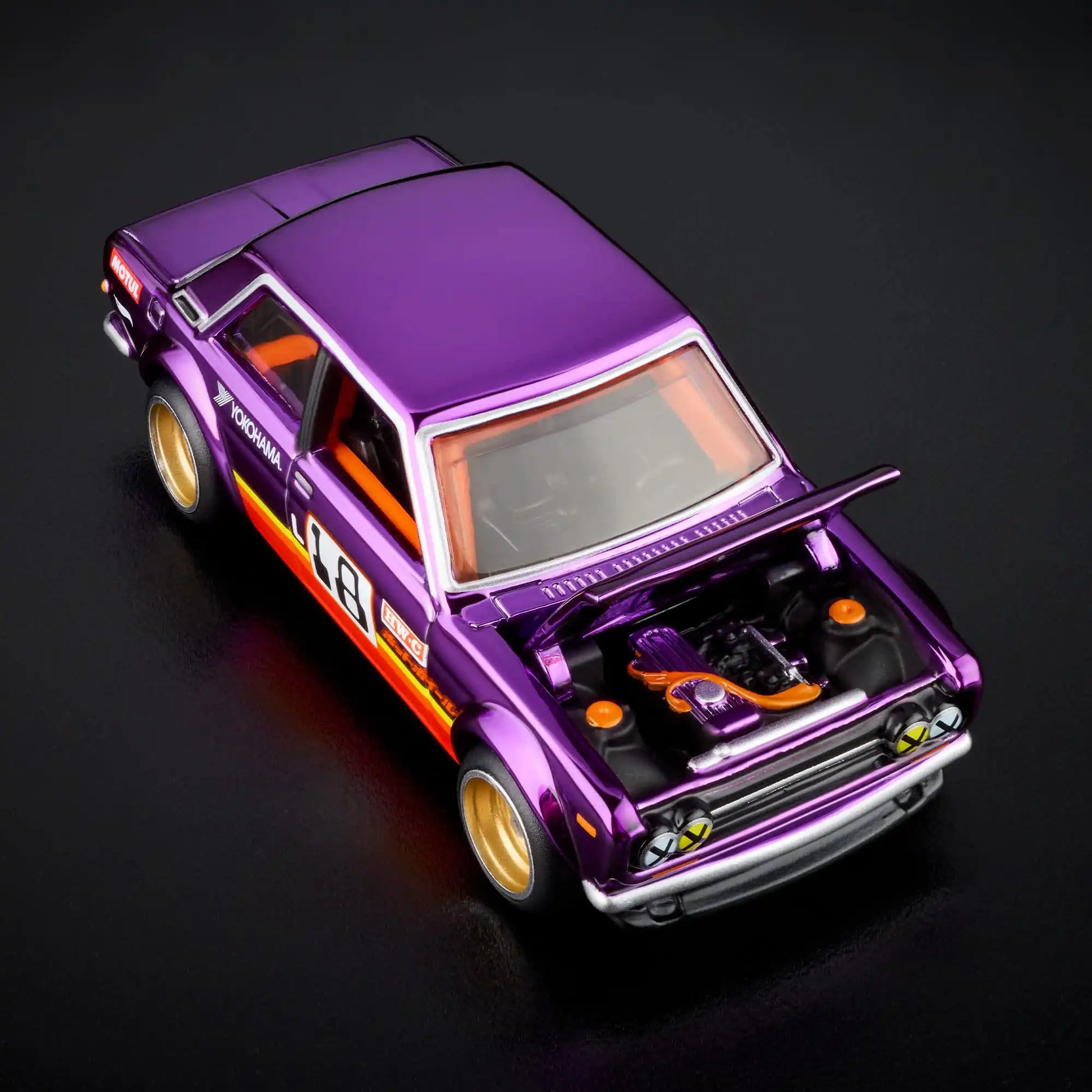 Hot Wheels RLC Exclusive '71 Datsun 510 in Spectraflame Purple with opening hood, L18 engine, and Real Riders gold 4-spoke wheels.