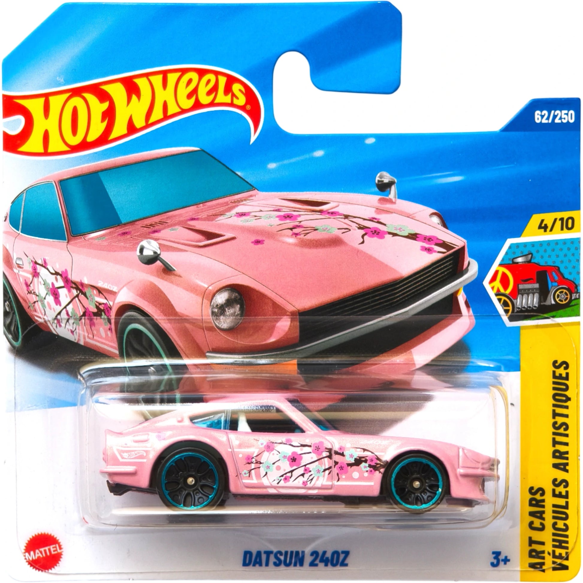 Hot Wheels 1:64 scale pink Datsun 240Z die-cast from the Art Cars series with floral designs.