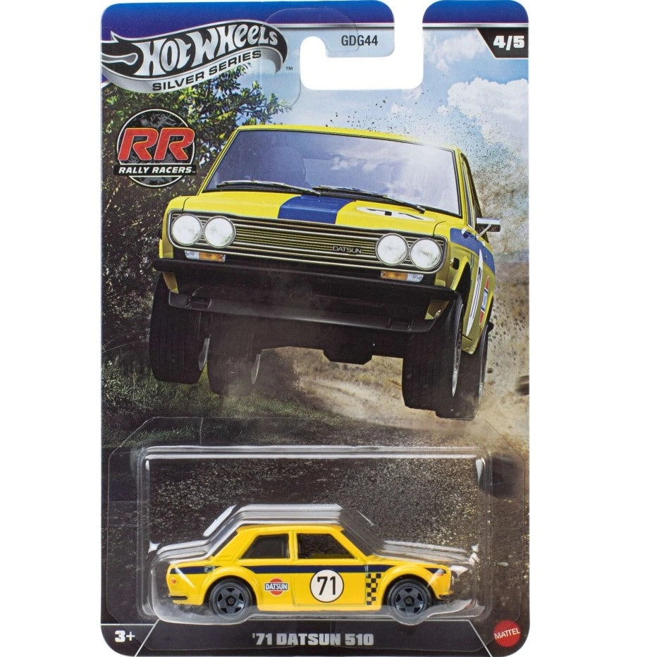 Hot Wheels 1:64 scale 1971 Datsun 510 from Silver Series RR Rally Racers with rally-inspired detailing.