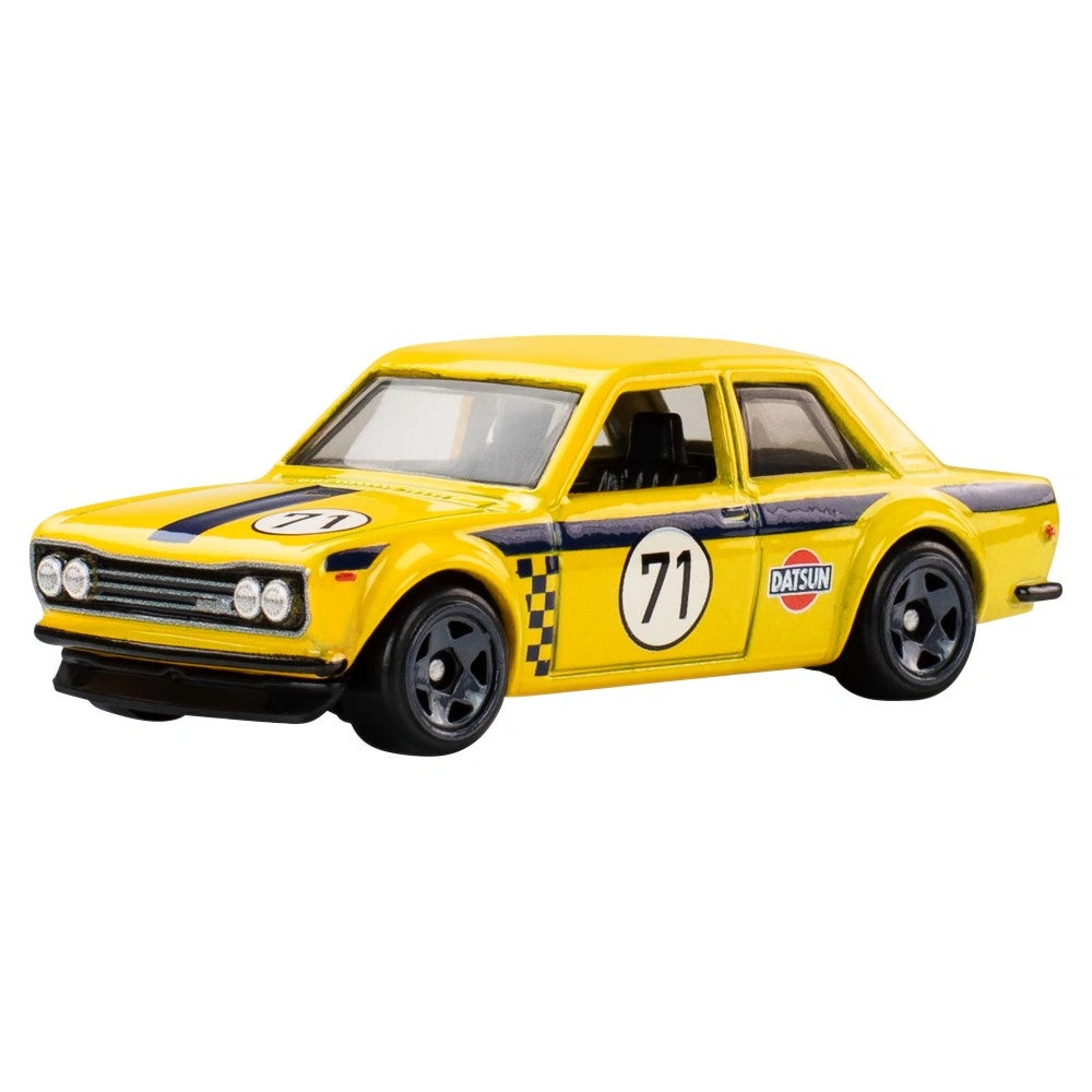 Hot Wheels 1:64 scale 1971 Datsun 510 from Silver Series RR Rally Racers with rally-inspired detailing.