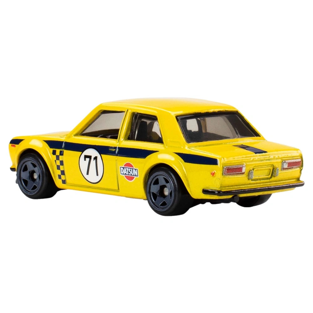Hot Wheels 1:64 scale 1971 Datsun 510 from Silver Series RR Rally Racers with rally-inspired detailing.