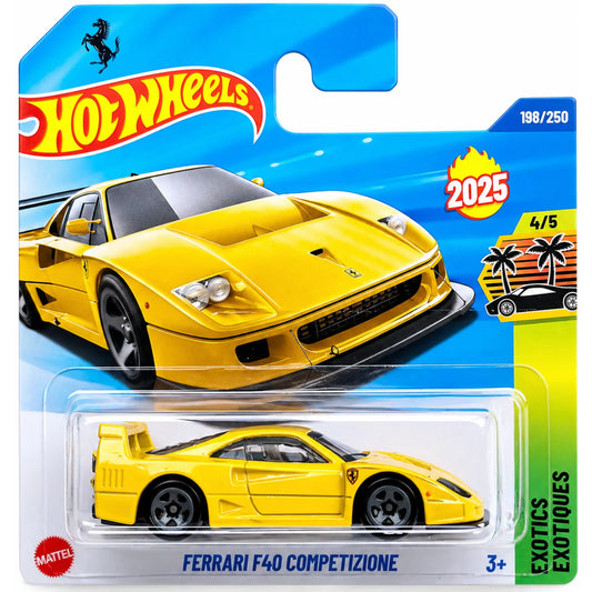 Hot Wheels Ferrari F40 Competizione yellow 1:64 die-cast from 2025 Exotics Exotiques series 198/250 4/5 JBB92 in packaging.