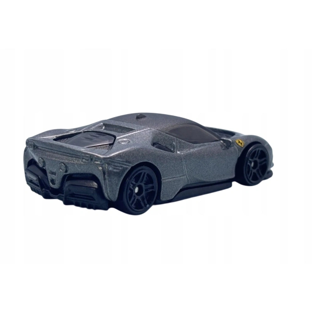 Hot Wheels 1:64 Ferrari SF90 Stradale die-cast car from the 2025 Factory Fresh mainline series in metallic grey.