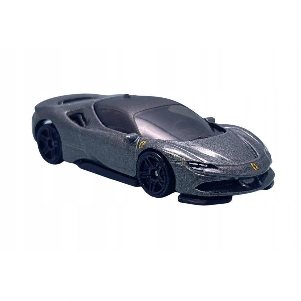 Hot Wheels 1:64 Ferrari SF90 Stradale die-cast car from the 2025 Factory Fresh mainline series in metallic grey.