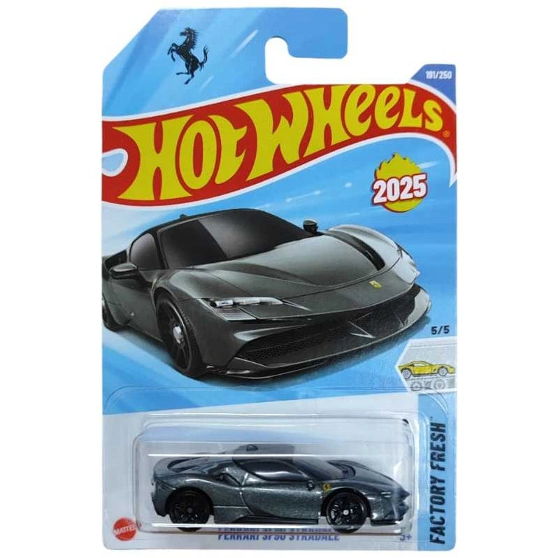 Hot Wheels 1:64 Ferrari SF90 Stradale die-cast car from the 2025 Factory Fresh mainline series in metallic grey.