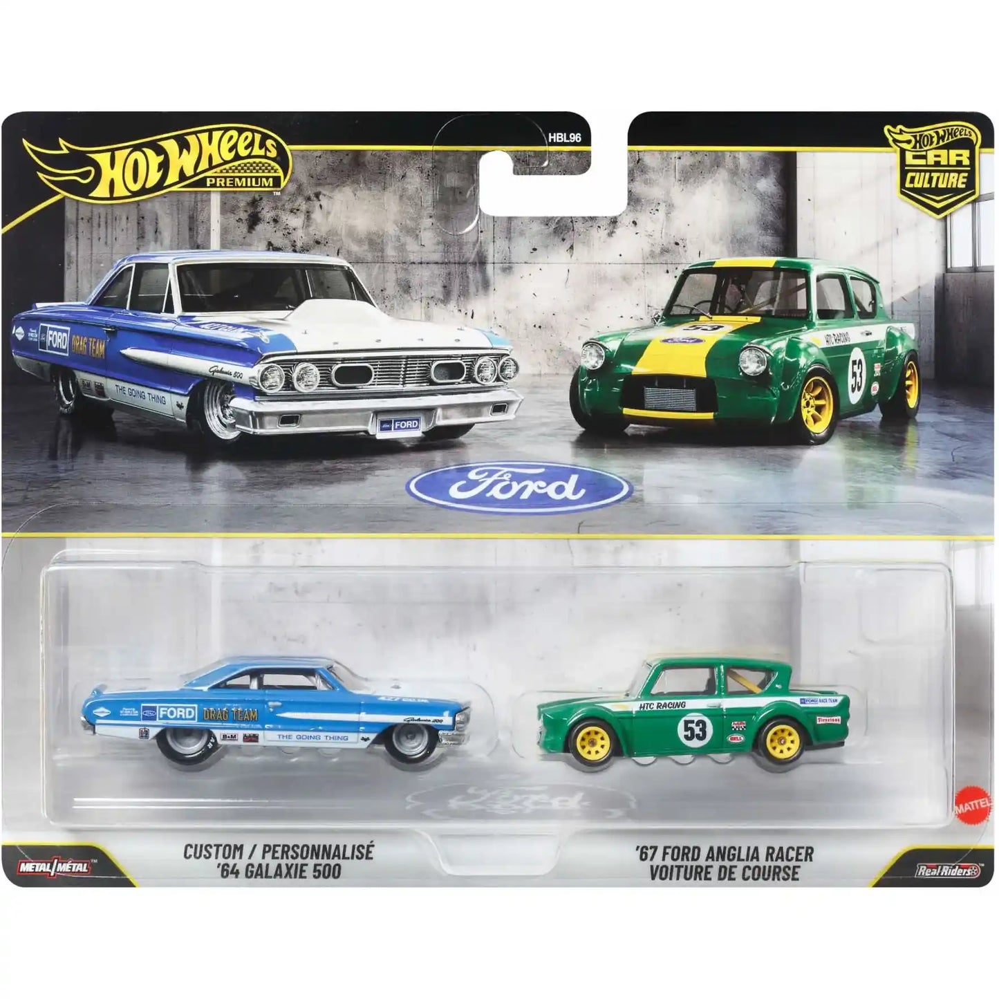 Hot Wheels Premium Car Culture 2-Pack featuring Custom '64 Galaxie 500 and '67 Ford Anglia Racer die-cast vehicles with Real Riders wheels and Metal/Metal chassis.