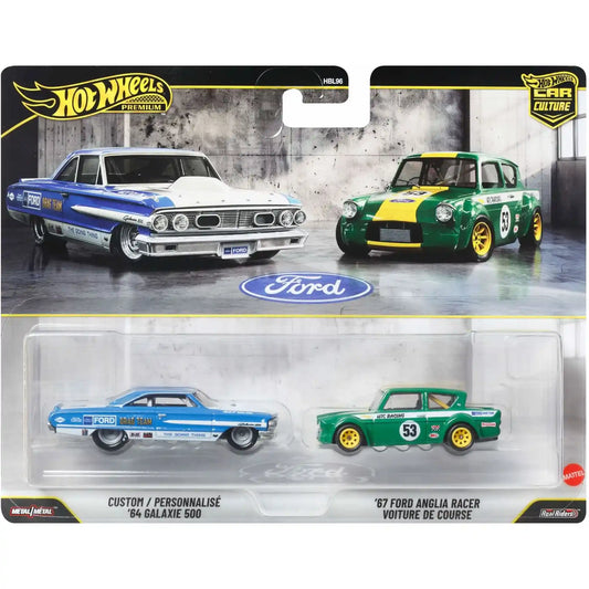 Hot Wheels Premium Car Culture 2-Pack featuring Custom '64 Galaxie 500 and '67 Ford Anglia Racer die-cast vehicles with Real Riders wheels and Metal/Metal chassis.