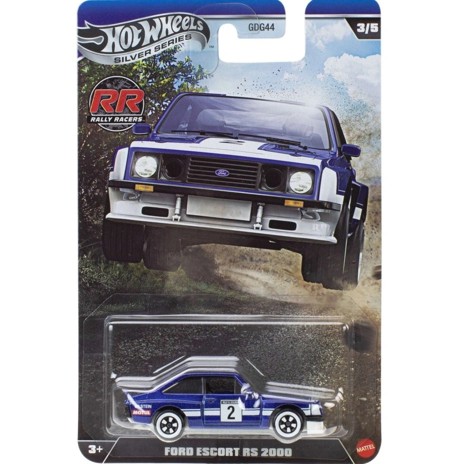 Hot Wheels 1:64 scale Ford Escort RS2000 from Silver Series RR Rally Racers with classic rally detailing.