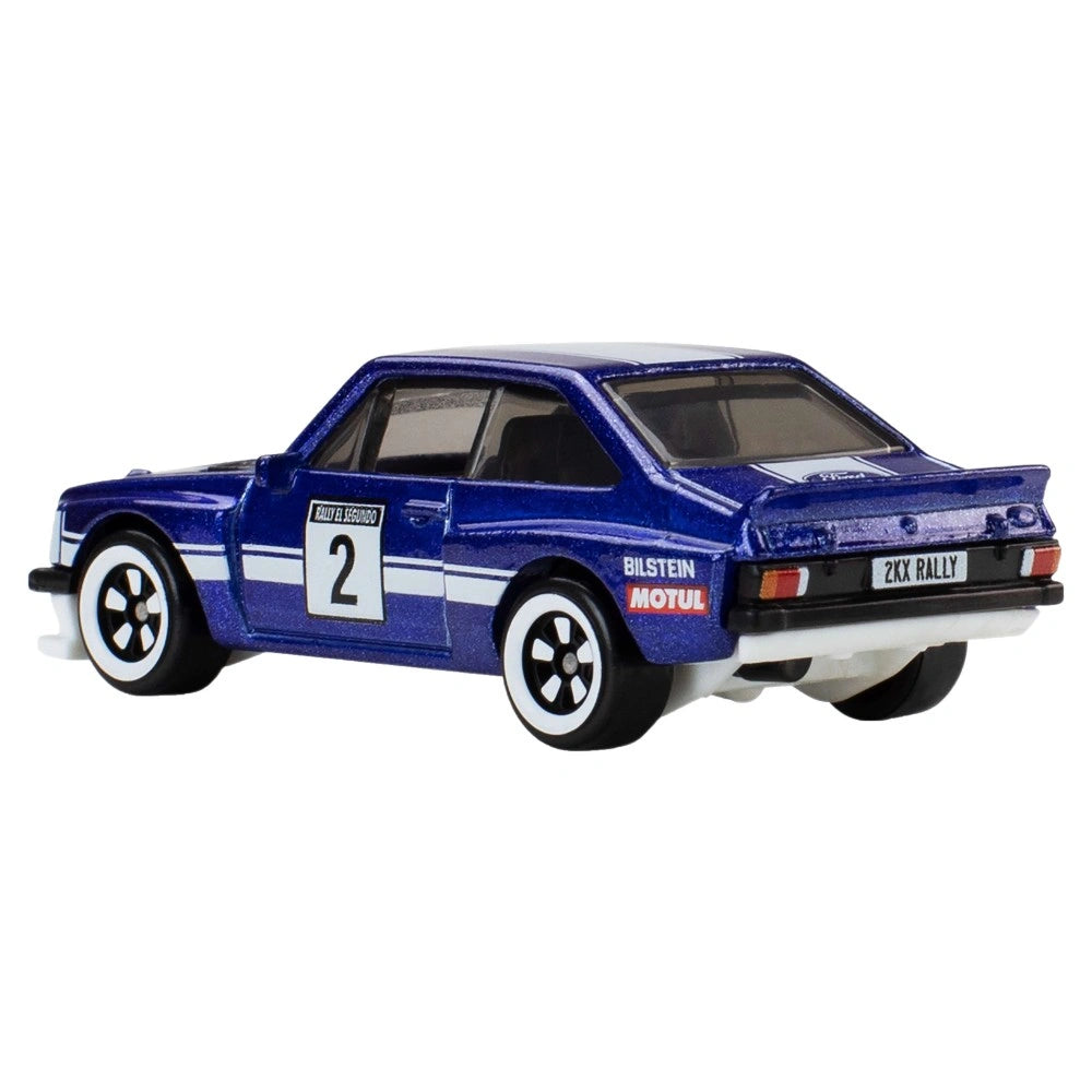 Hot Wheels 1:64 scale Ford Escort RS2000 from Silver Series RR Rally Racers with classic rally detailing.