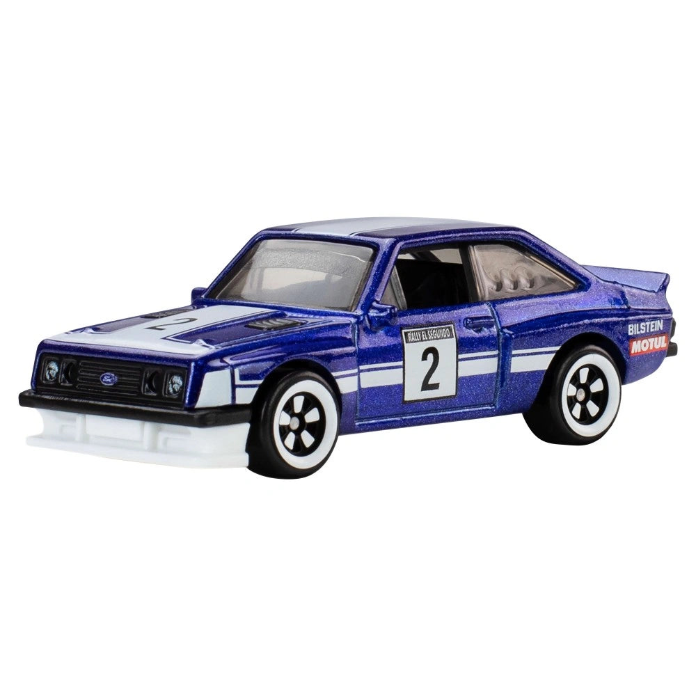 Hot Wheels 1:64 scale Ford Escort RS2000 from Silver Series RR Rally Racers with classic rally detailing.