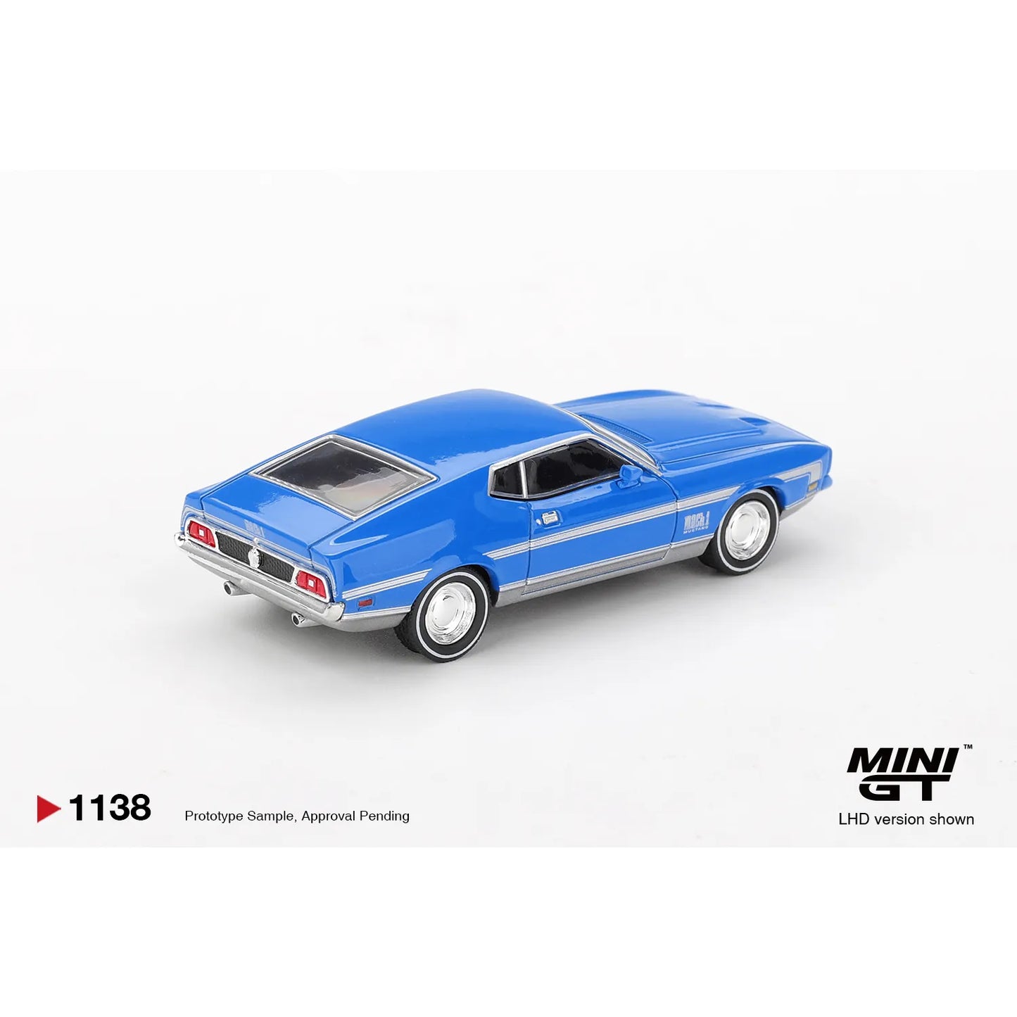 Mini GT 1:64 Ford Mustang Mach 1 Grabber Blue 1971 die-cast model car.