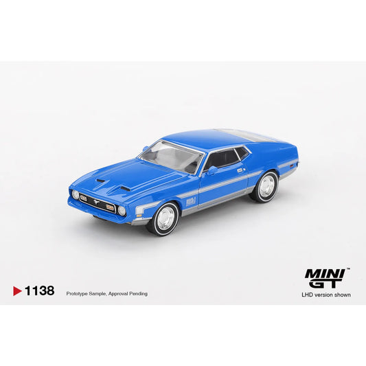 Mini GT 1:64 Ford Mustang Mach 1 Grabber Blue 1971 die-cast model car.