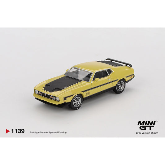 Mini GT 1:64 scale die-cast model of the Ford Mustang Mach 1 in Grabber Yellow with detailed Mach 1 trim, modern muscle styling, and authentic Ford design elements