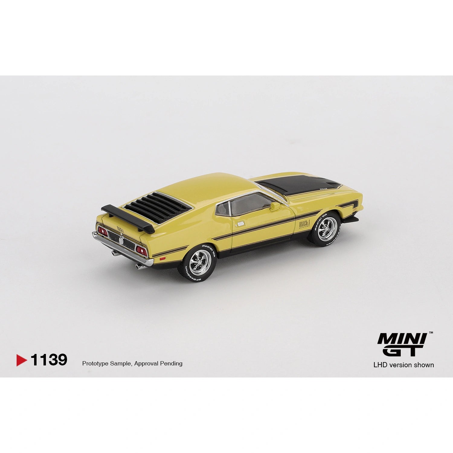 Mini GT 1:64 scale die-cast model of the Ford Mustang Mach 1 in Grabber Yellow with detailed Mach 1 trim, modern muscle styling, and authentic Ford design elements