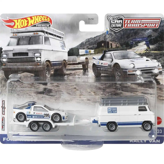 Hot Wheels 1:64 Ford RS200 and Rally Van Team Transport #33 GTT28 FLF56 premium die-cast set.