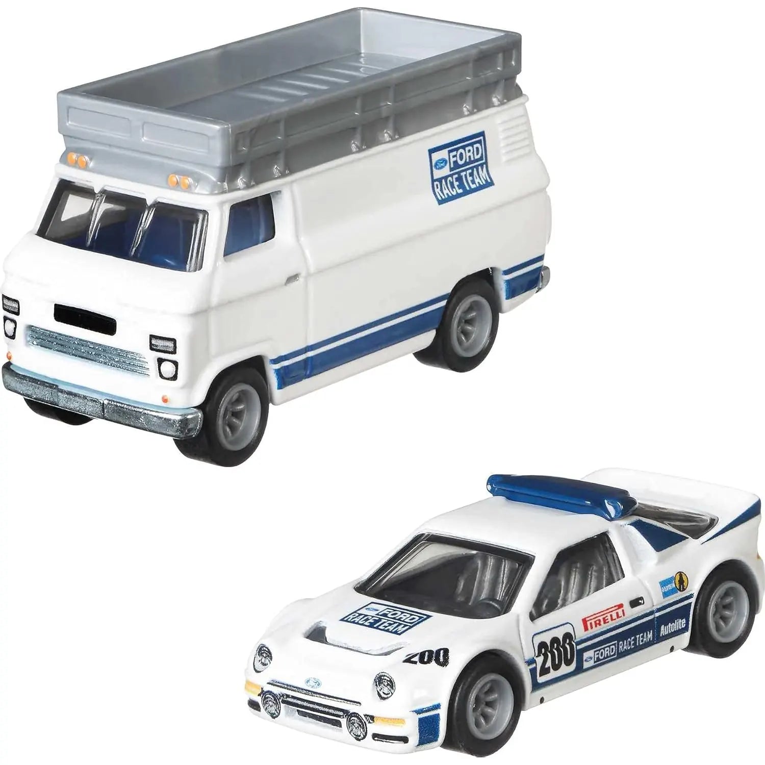 Hot Wheels 1:64 Ford RS200 and Rally Van Team Transport #33 GTT28 FLF56 premium die-cast set.
