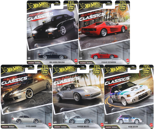 Hot Wheels Premium 1:64 Modern Classics complete 5/5 S Case set featuring Nismo 270R S14, Ferrari Testarossa, Toyota Soarer, Porsche 993 GT2, and Mazda 323 GTR.