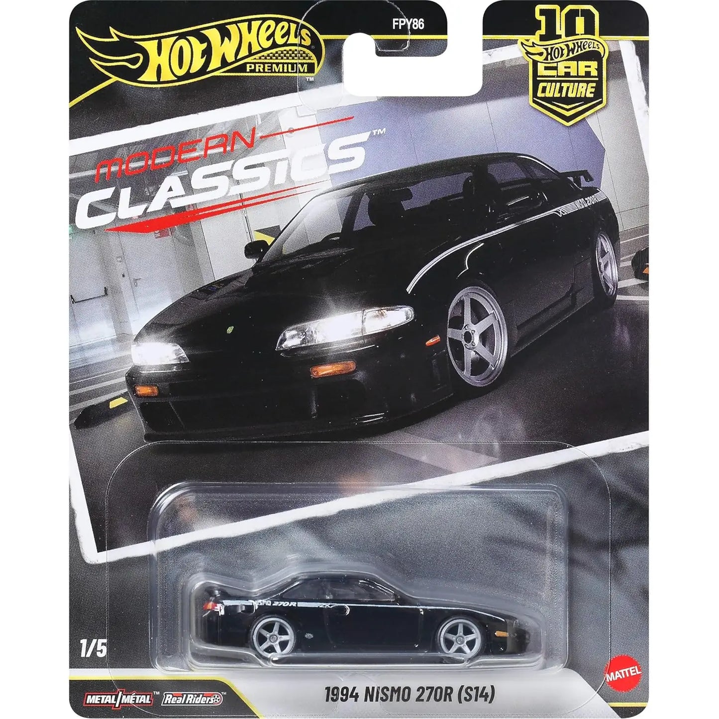 Hot Wheels Premium 1:64 Modern Classics complete 5/5 S Case set featuring Nismo 270R S14, Ferrari Testarossa, Toyota Soarer, Porsche 993 GT2, and Mazda 323 GTR.