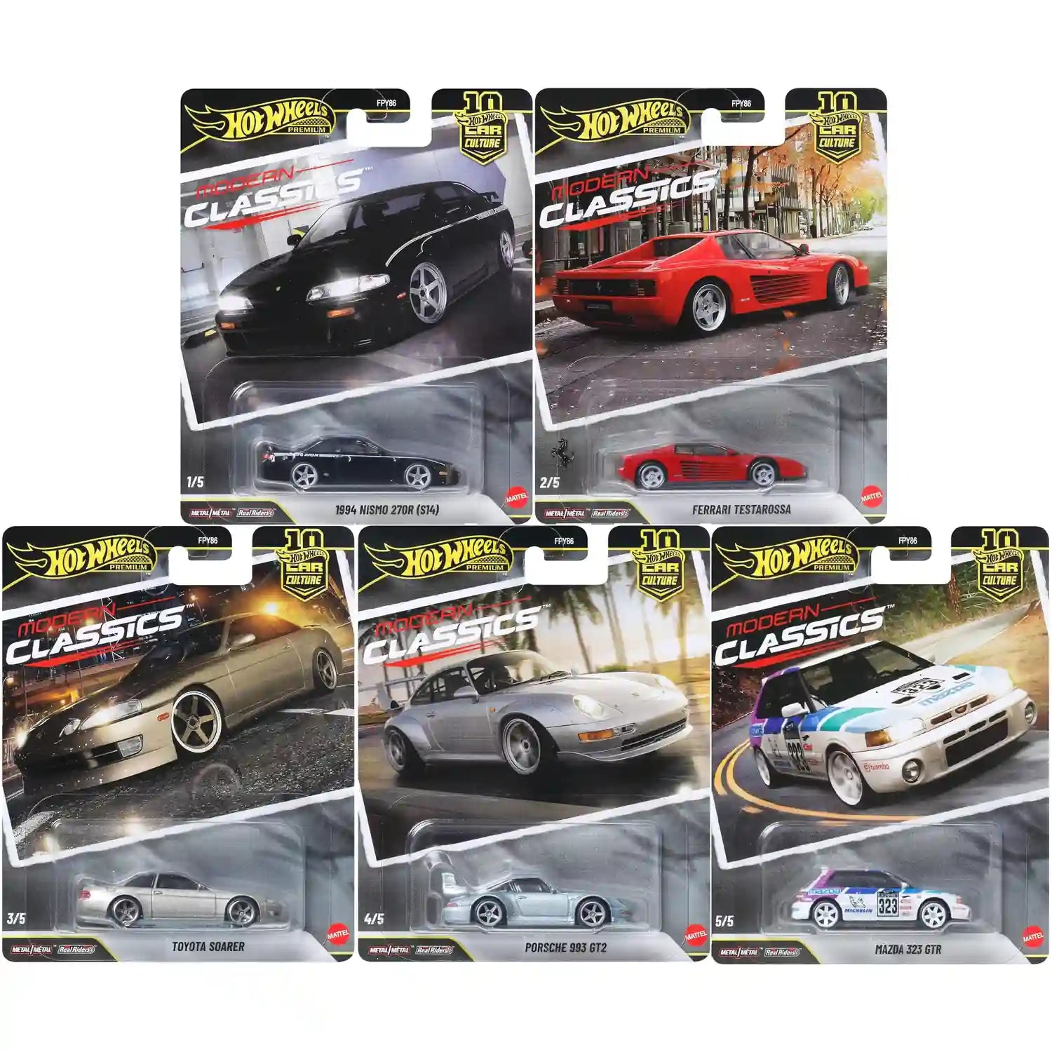 Hot Wheels Premium 1:64 Modern Classics complete 5/5 S Case set featuring Nismo 270R S14, Ferrari Testarossa, Toyota Soarer, Porsche 993 GT2, and Mazda 323 GTR.