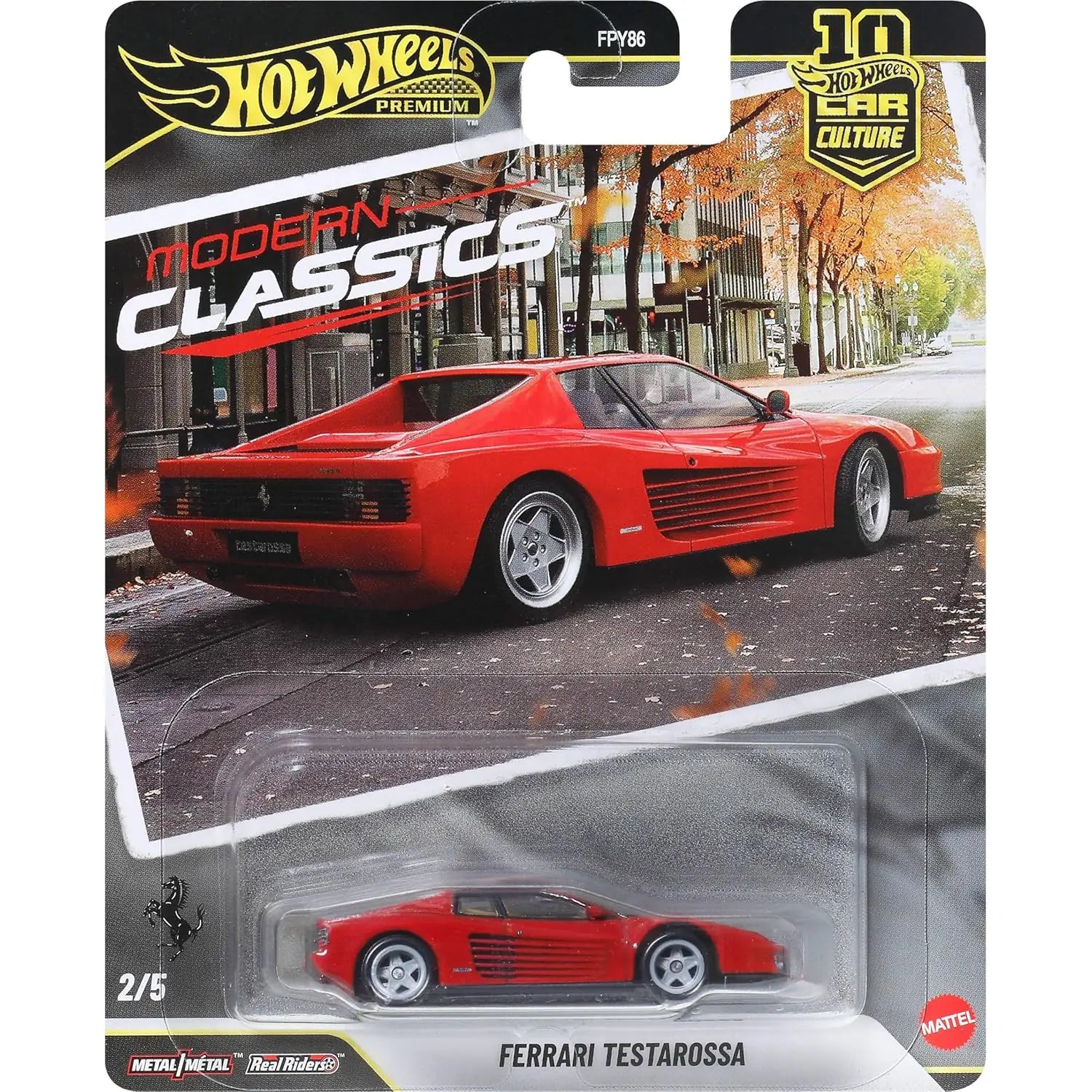 Hot Wheels Premium 1:64 Ferrari Testarossa Modern Classics Car Culture die-cast model with Real Riders wheels and premium detailing.