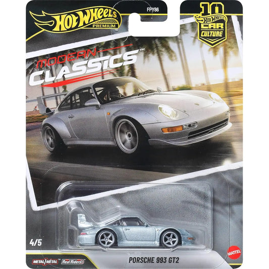 Hot Wheels Premium 1:64 Porsche 993 GT2 Modern Classics Car Culture die-cast model with Real Riders wheels and premium detailing.