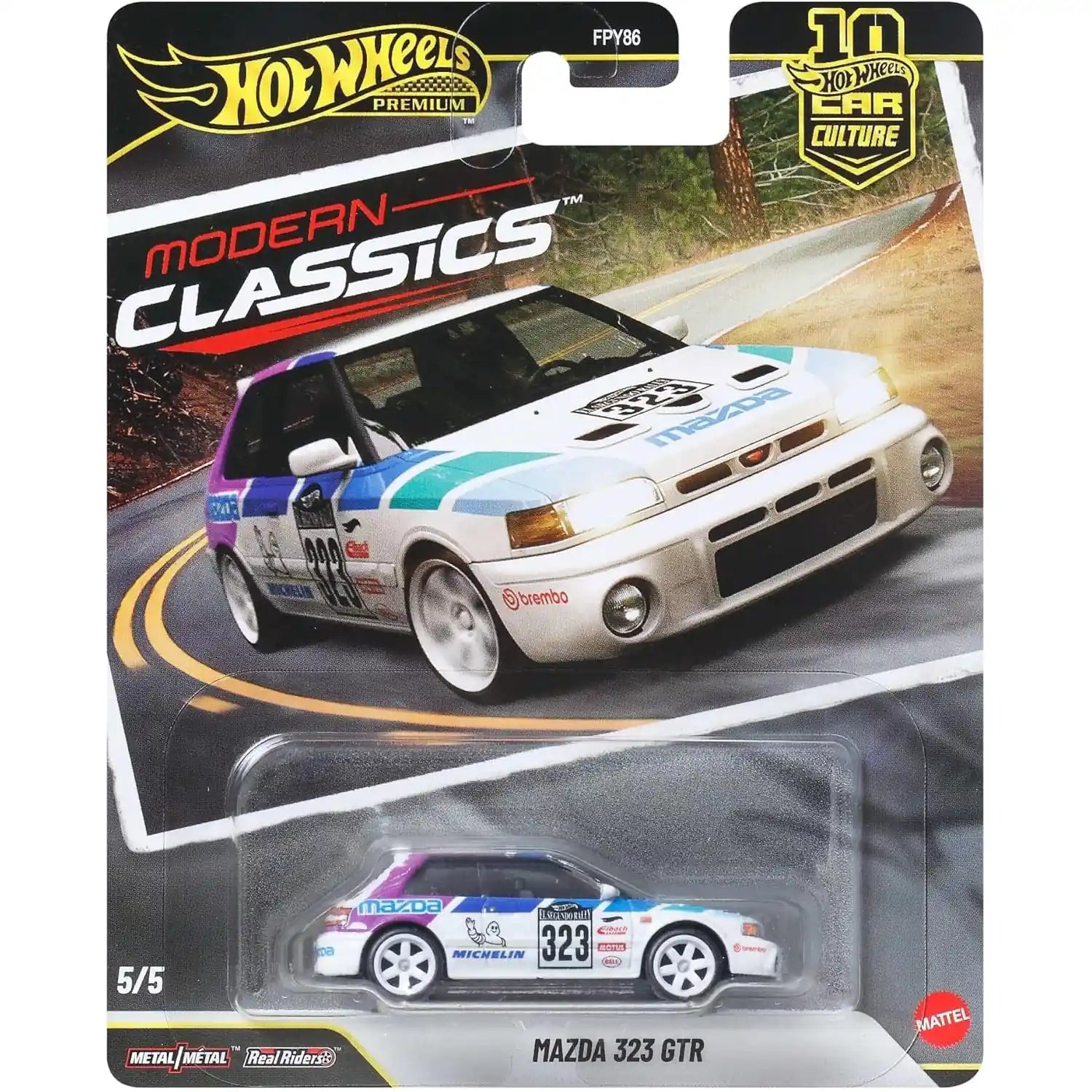 Hot Wheels 1:64 Mazda 323 GTR Modern Classics Car Culture premium die-cast model with Real Riders wheels and racing livery.