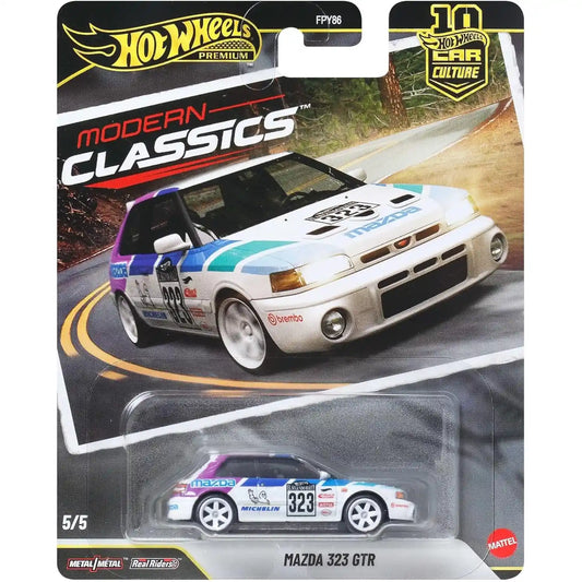 Hot Wheels 1:64 Mazda 323 GTR Modern Classics Car Culture premium die-cast model with Real Riders wheels and racing livery.