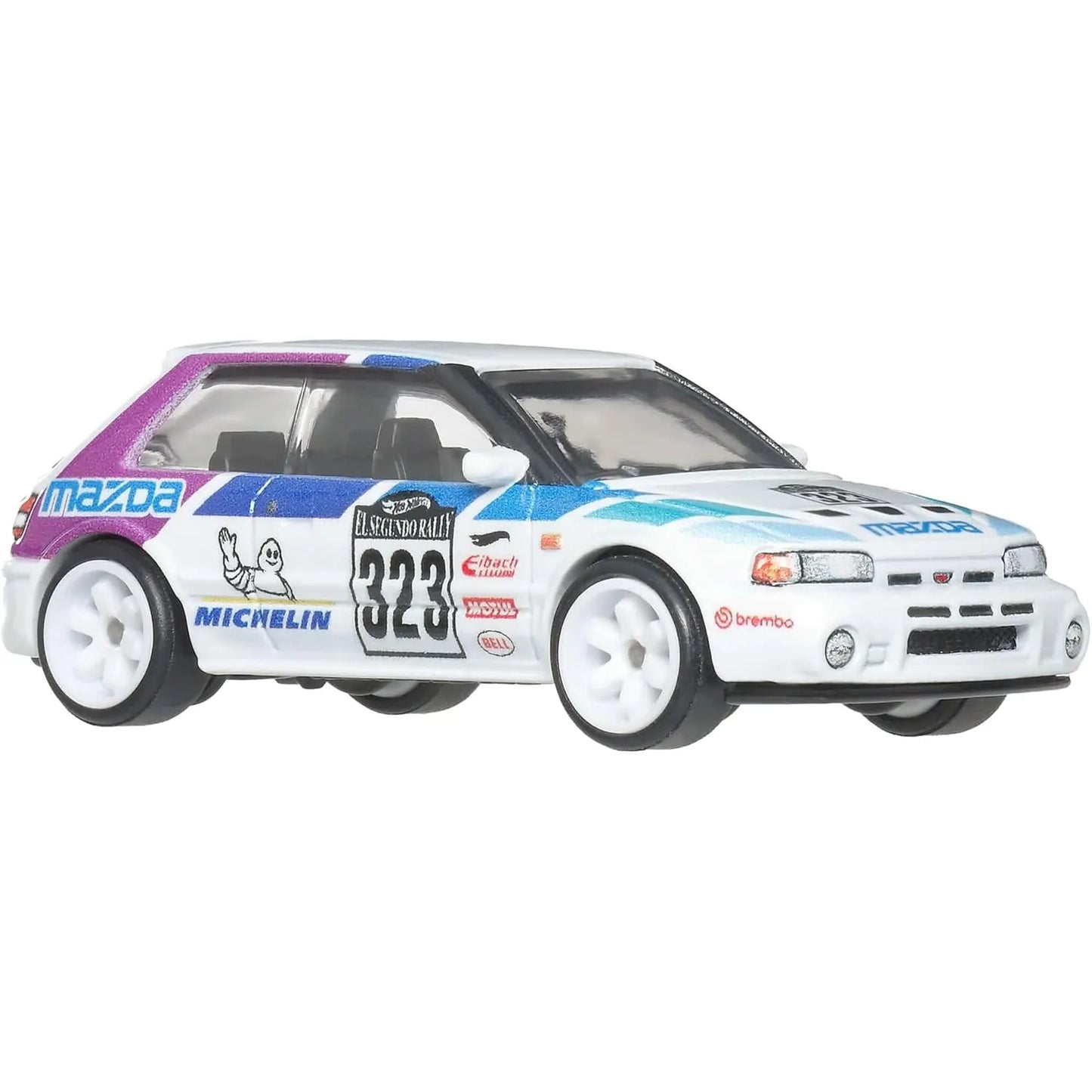 Hot Wheels 1:64 Mazda 323 GTR Modern Classics Car Culture premium die-cast model with Real Riders wheels and racing livery.