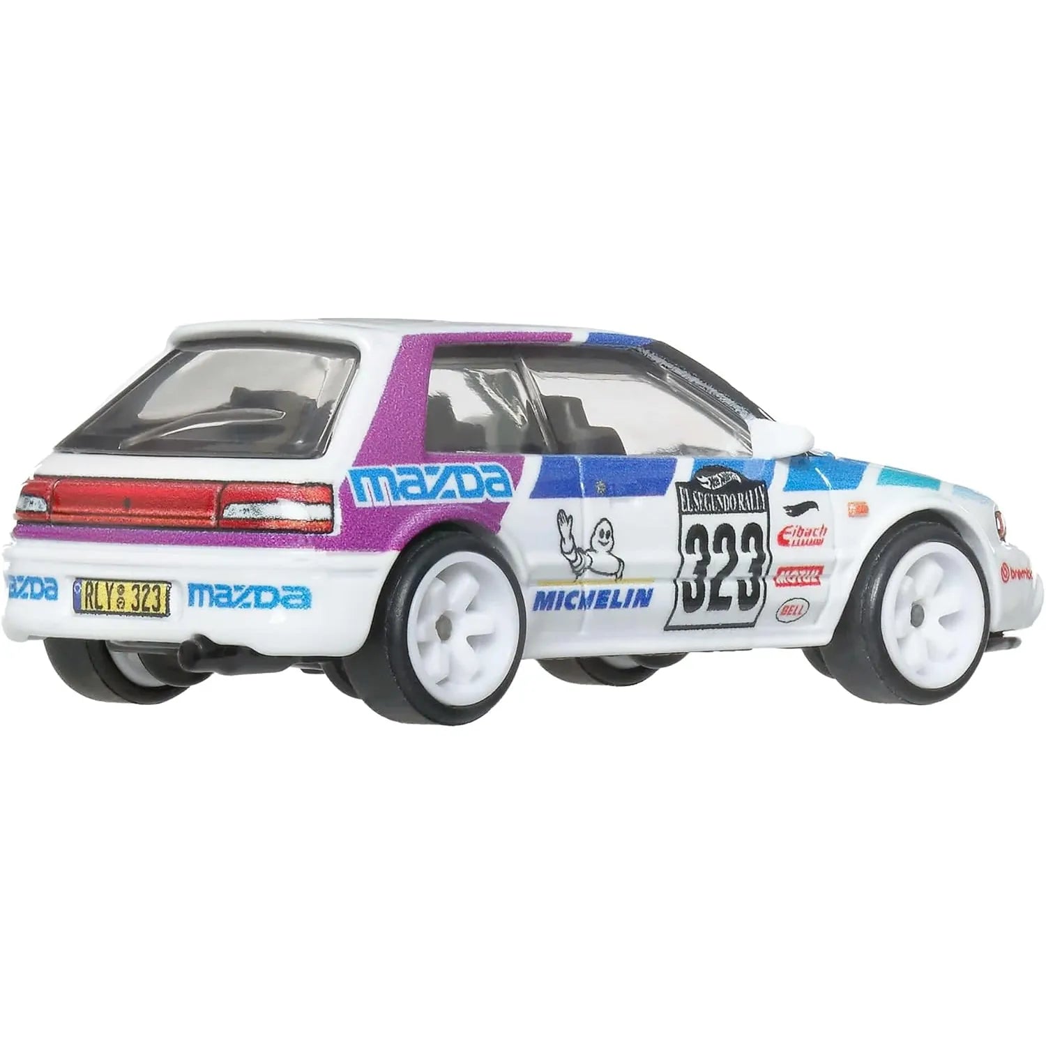 Hot Wheels 1:64 Mazda 323 GTR Modern Classics Car Culture premium die-cast model with Real Riders wheels and racing livery.
