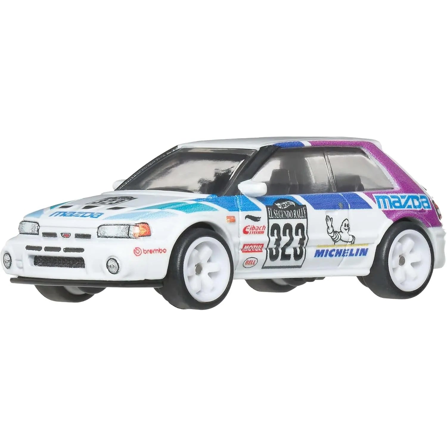 Hot Wheels 1:64 Mazda 323 GTR Modern Classics Car Culture premium die-cast model with Real Riders wheels and racing livery.