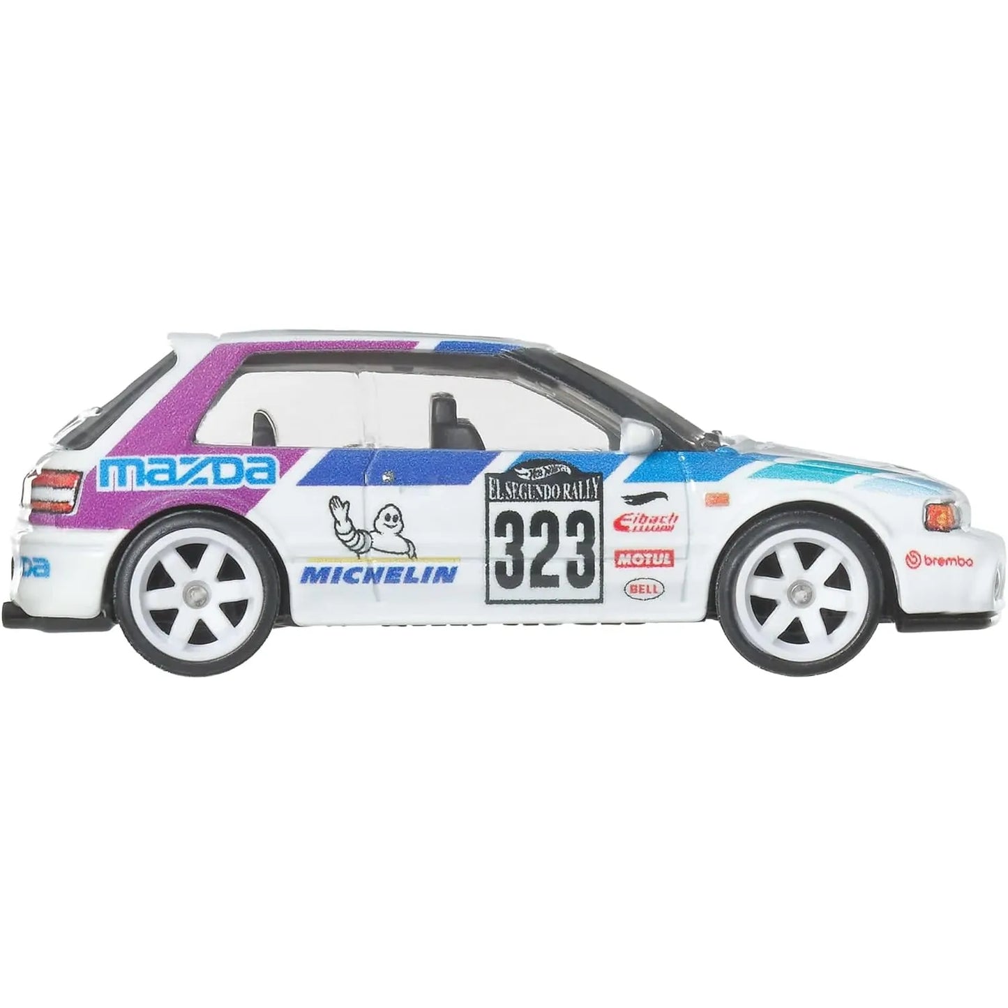 Hot Wheels 1:64 Mazda 323 GTR Modern Classics Car Culture premium die-cast model with Real Riders wheels and racing livery.
