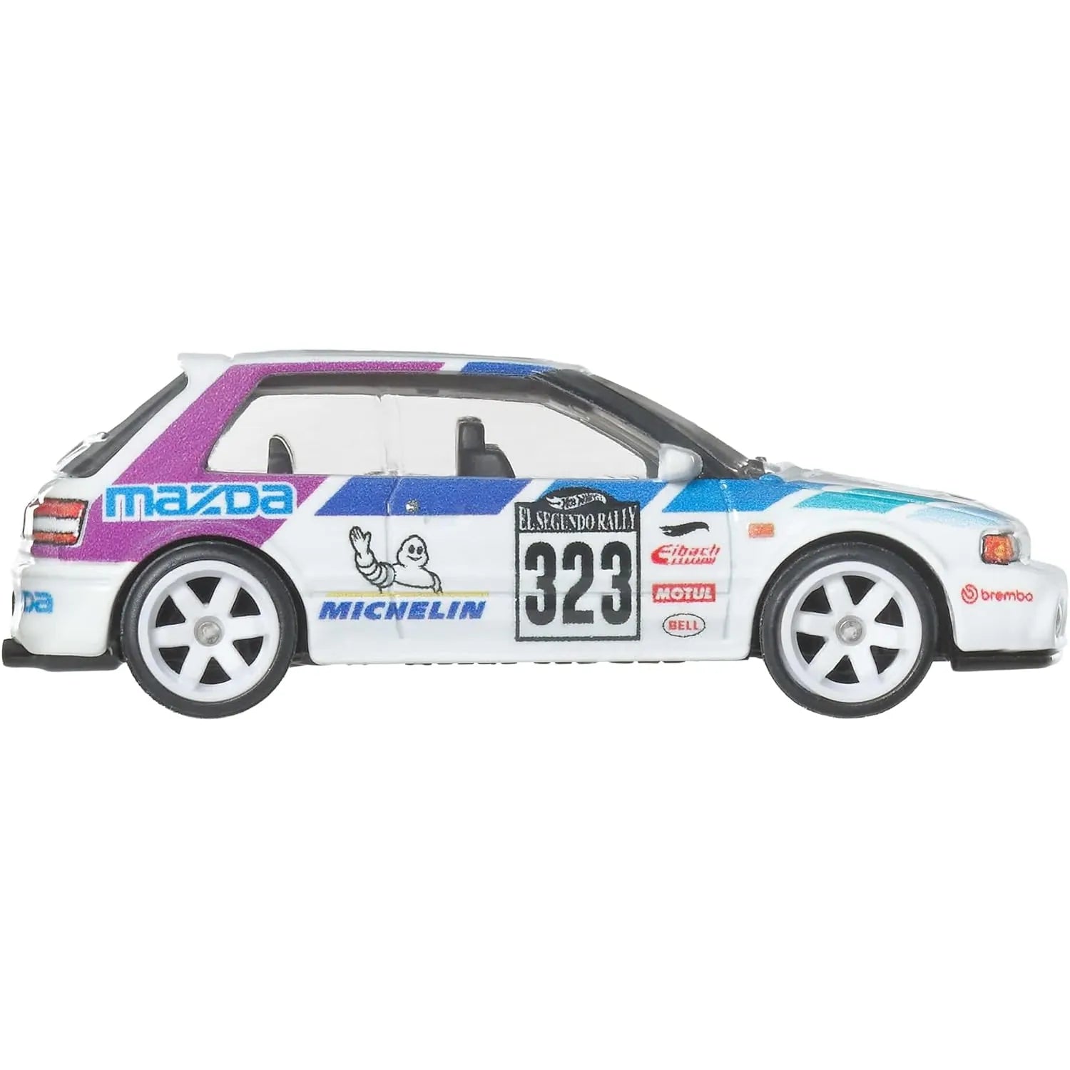 Hot Wheels 1:64 Mazda 323 GTR Modern Classics Car Culture premium die-cast model with Real Riders wheels and racing livery.