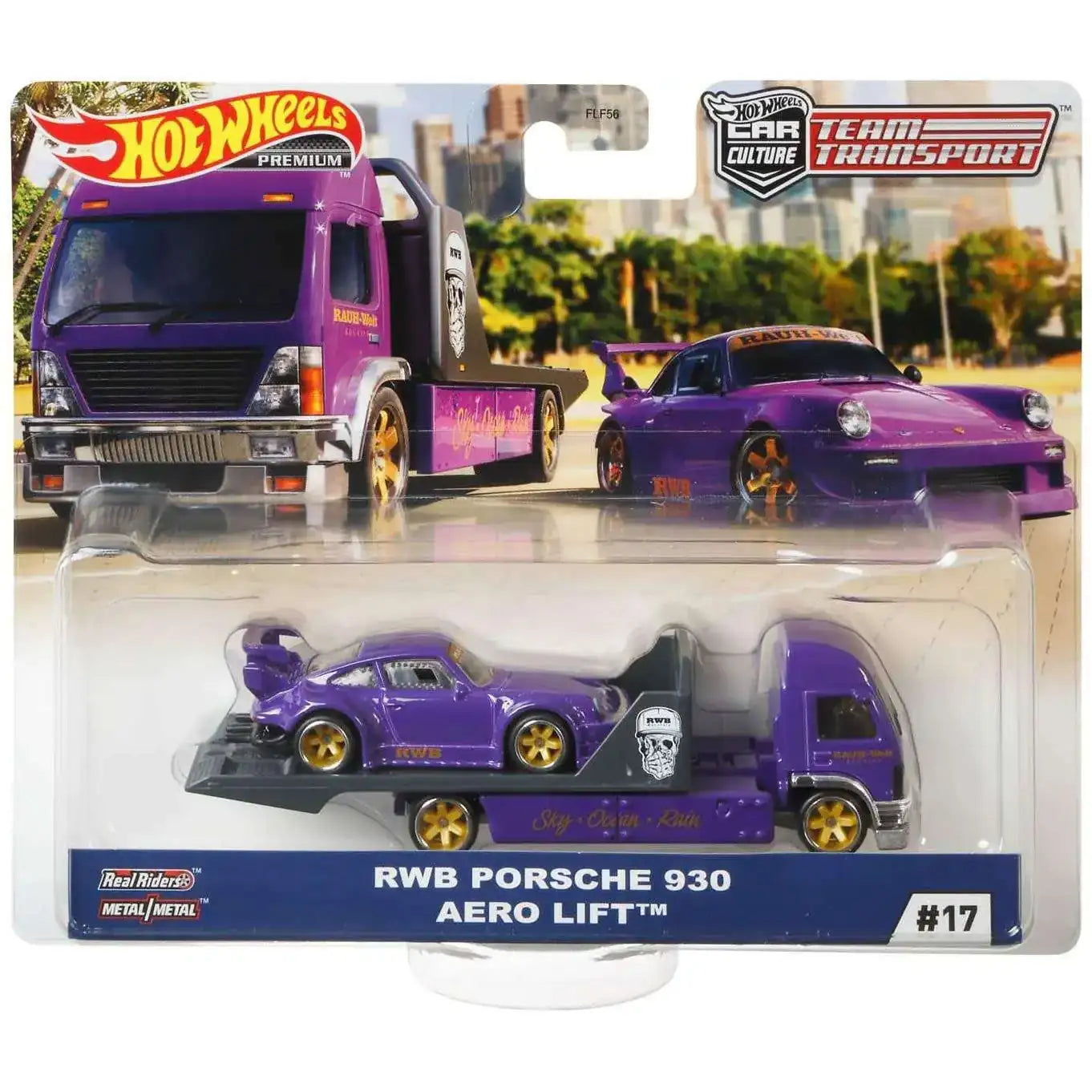 Hot Wheels Premium Team Transport #17 RWB Porsche 930 with Aero Lift transporter in purple with gold wheels featuring Real Riders and Metal Metal construction.