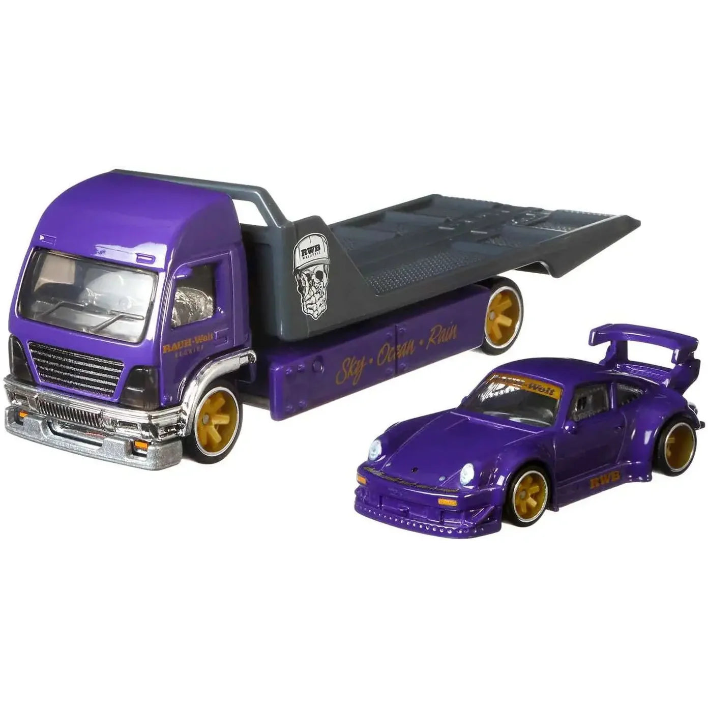 Hot Wheels Premium Team Transport #17 RWB Porsche 930 with Aero Lift transporter in purple with gold wheels featuring Real Riders and Metal Metal construction.