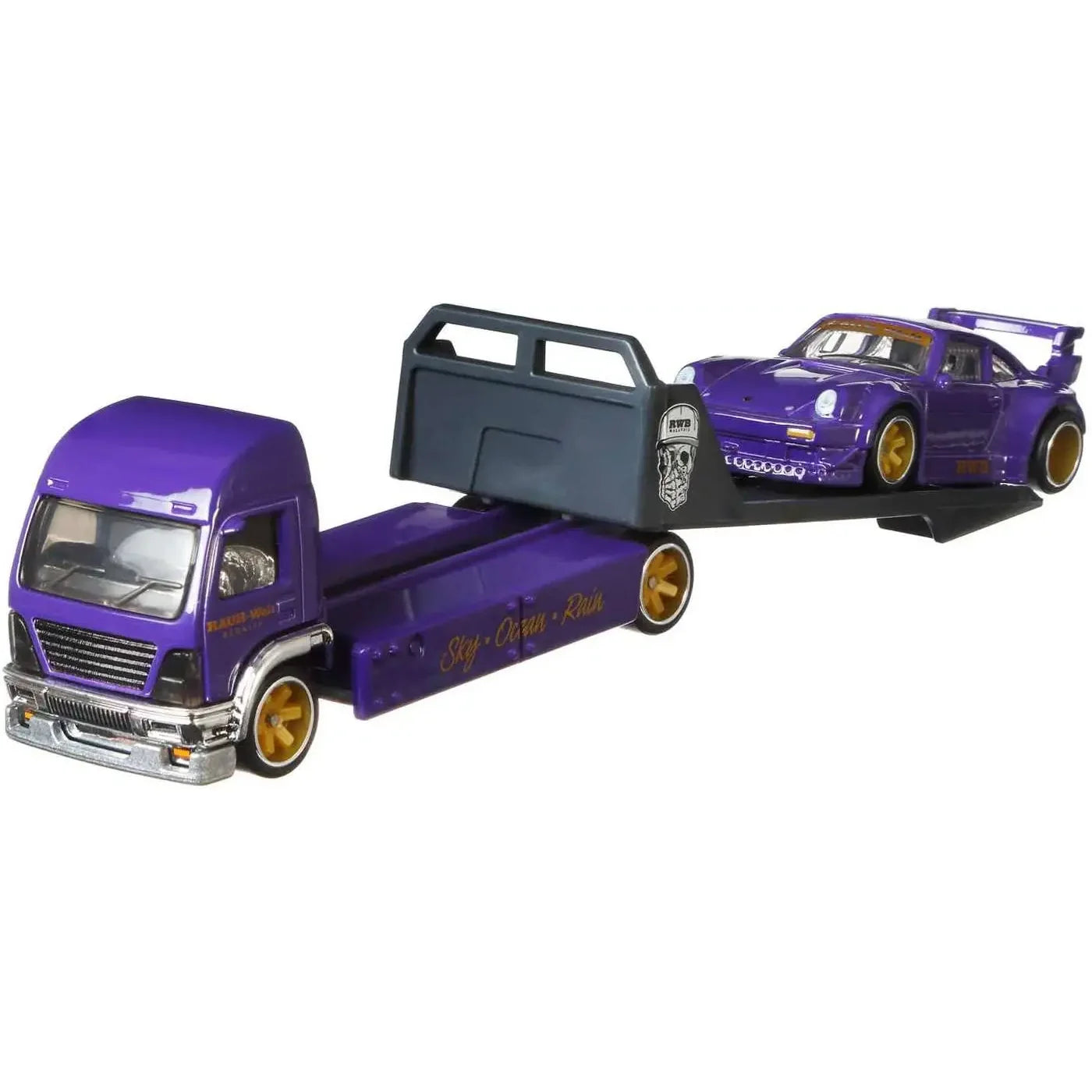 Hot Wheels Premium Team Transport #17 RWB Porsche 930 with Aero Lift transporter in purple with gold wheels featuring Real Riders and Metal Metal construction.