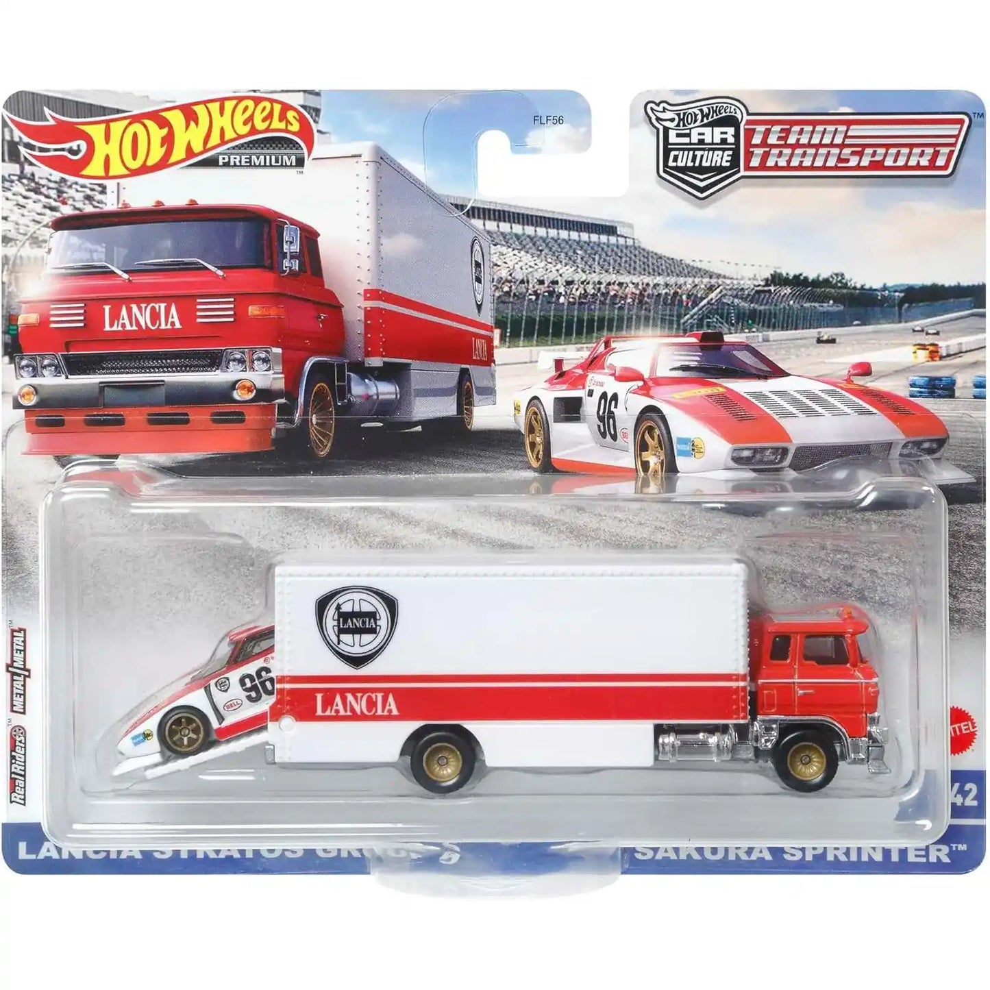 Hot Wheels Premium Car Culture Team Transport #42 Lancia Stratos Group 5 with Sakura Sprinter transporter in white and red racing livery, 1:64 scale die-cast set with protector included.