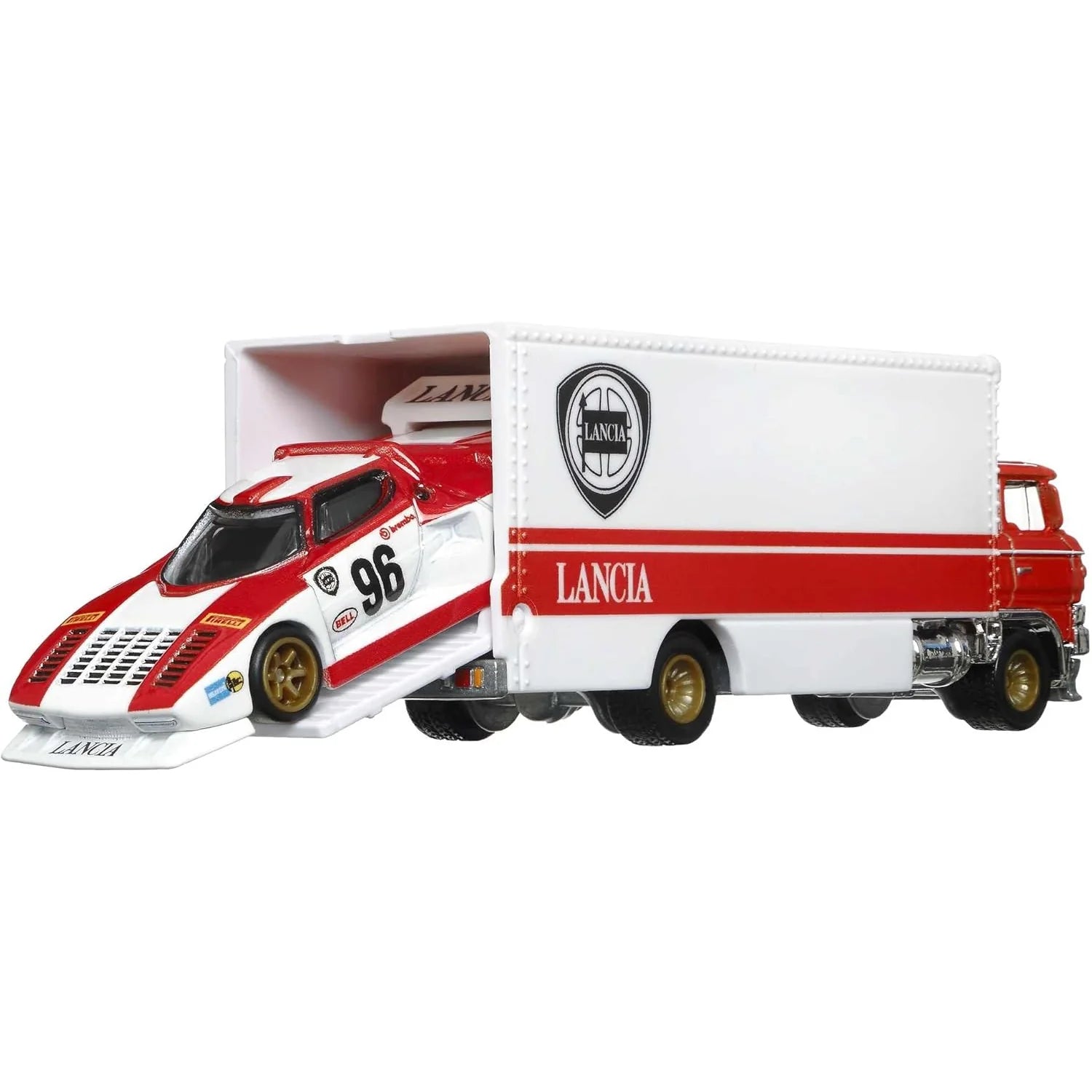 Hot Wheels Premium Car Culture Team Transport #42 Lancia Stratos Group 5 with Sakura Sprinter transporter in white and red racing livery, 1:64 scale die-cast set with protector included.