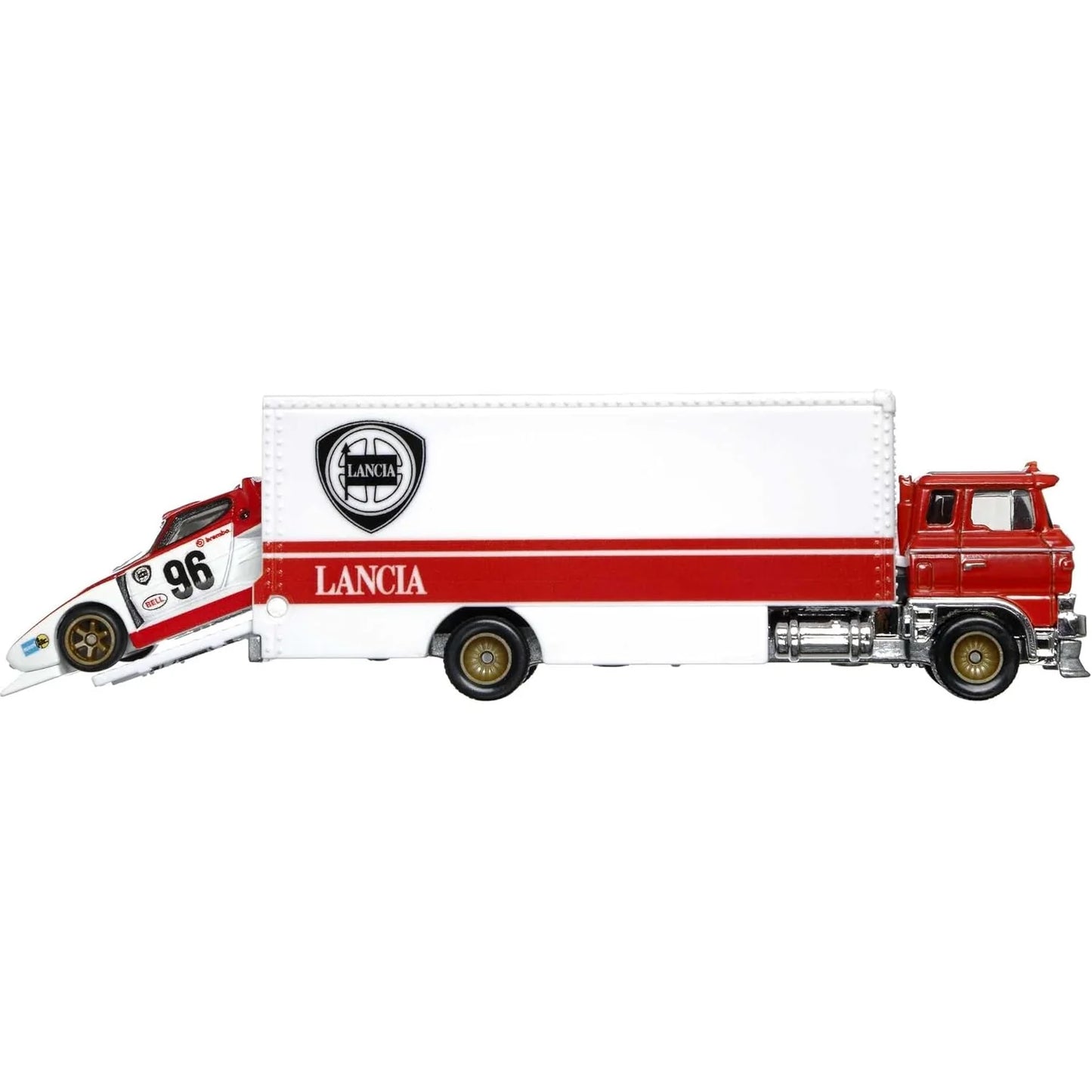 Hot Wheels Premium Car Culture Team Transport #42 Lancia Stratos Group 5 with Sakura Sprinter transporter in white and red racing livery, 1:64 scale die-cast set with protector included.