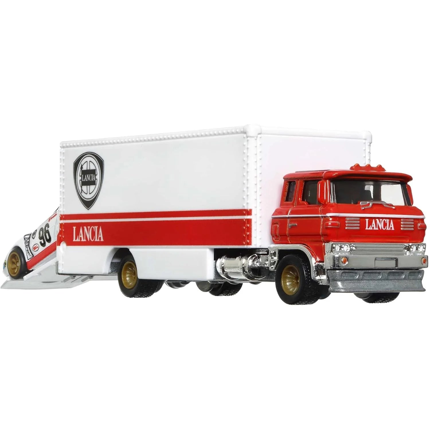 Hot Wheels Premium Car Culture Team Transport #42 Lancia Stratos Group 5 with Sakura Sprinter transporter in white and red racing livery, 1:64 scale die-cast set with protector included.
