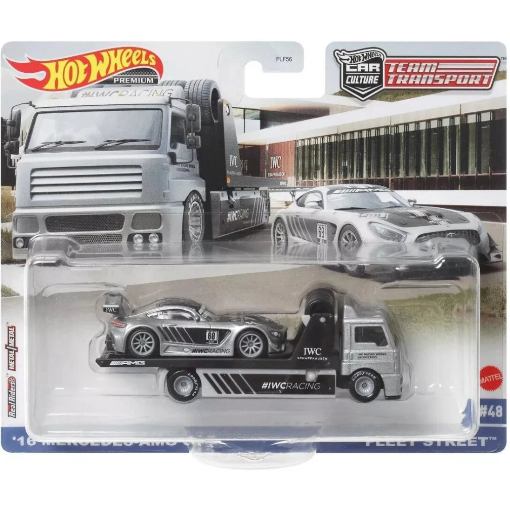 Hot Wheels 1:64 Team Transport featuring the '16 Mercedes-AMG GT3 race car and Fleet Street hauler #48 HCR39 FLF56.