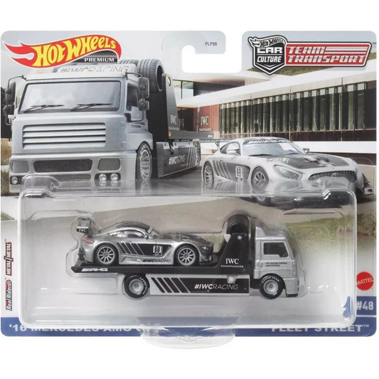 Hot Wheels 1:64 Team Transport featuring the '16 Mercedes-AMG GT3 race car and Fleet Street hauler #48 HCR39 FLF56.