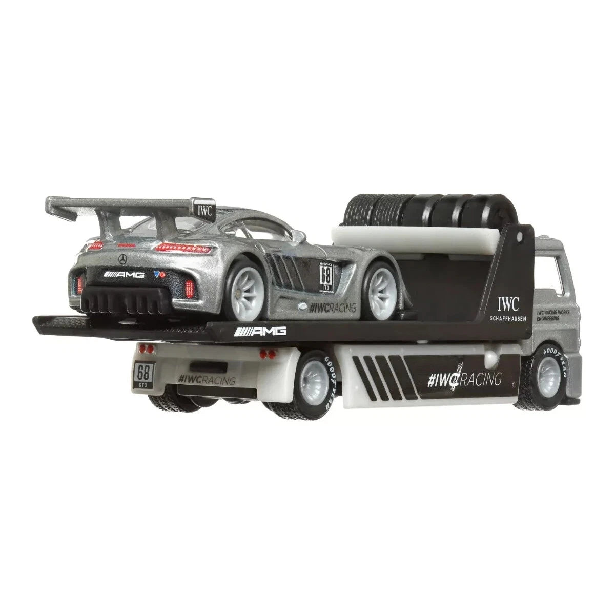 Hot Wheels 1:64 Team Transport featuring the '16 Mercedes-AMG GT3 race car and Fleet Street hauler #48 HCR39 FLF56.