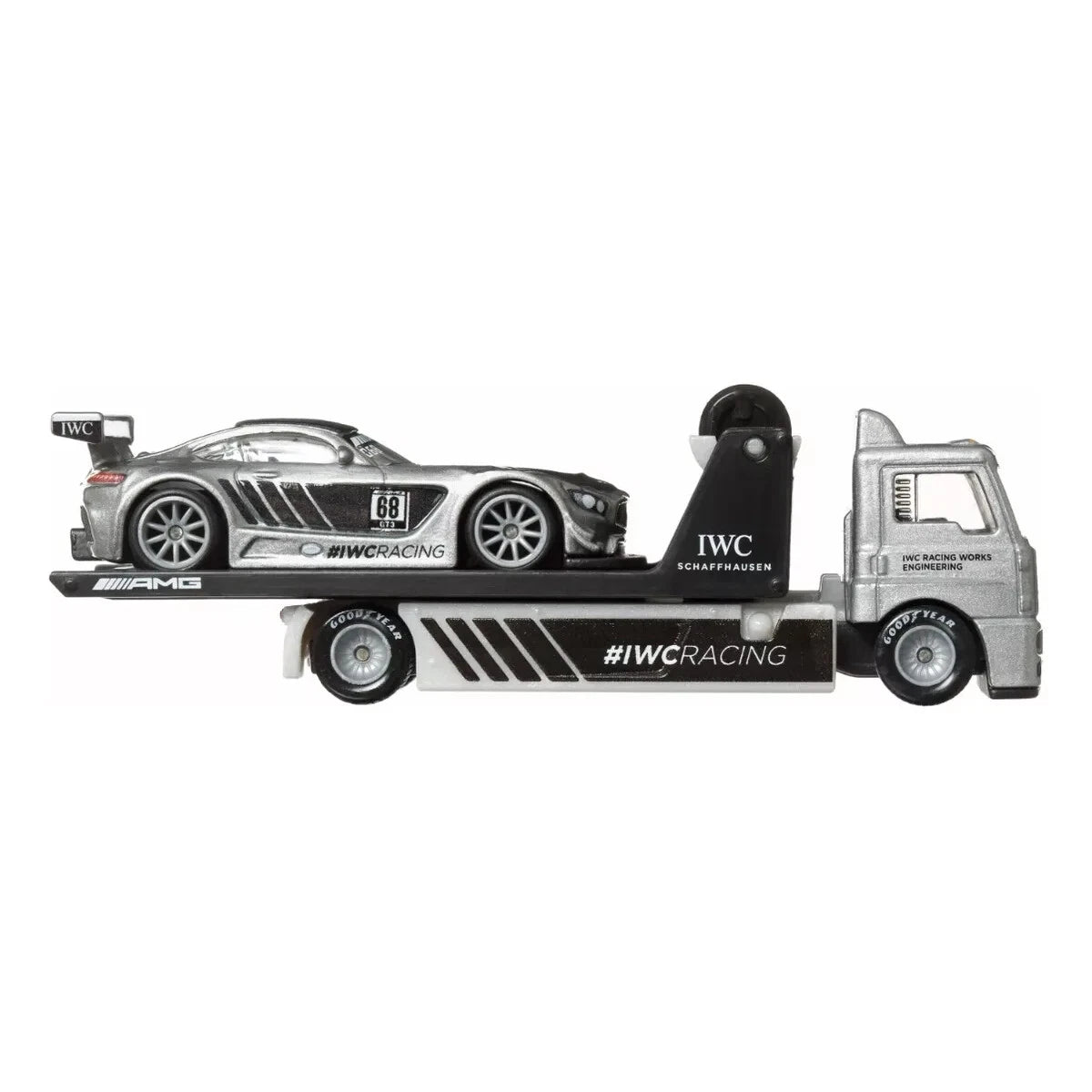 Hot Wheels 1:64 Team Transport featuring the '16 Mercedes-AMG GT3 race car and Fleet Street hauler #48 HCR39 FLF56.