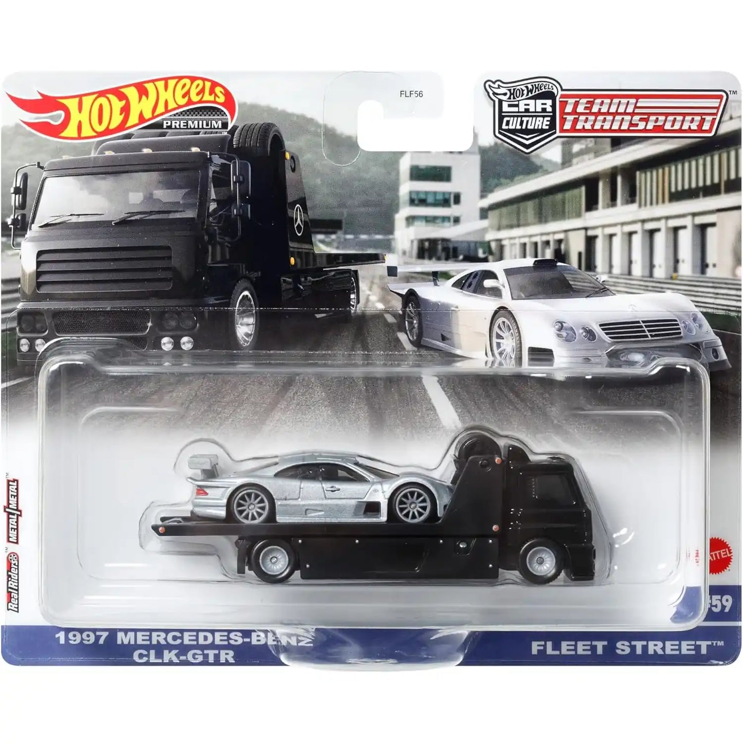 Hot Wheels Premium Team Transport #59 1997 Mercedes-Benz CLK-GTR with Fleet Street transporter and protector included.