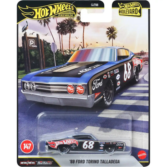 Hot Wheels 1:64 scale '69 Ford Torino Talladega Premium Boulevard die-cast car with Real Riders wheels.