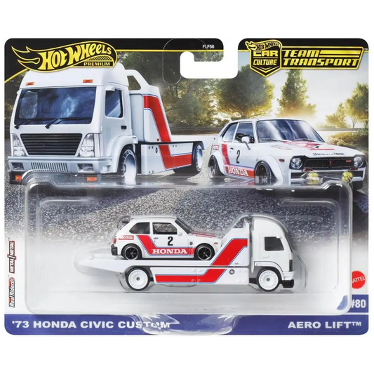 Hot Wheels 1:64 '73 Honda Civic Custom with Aero Lift Team Transport #80 JBM36 FLF56 featuring Honda racing livery, Real Riders tires, and Metal Metal construction.