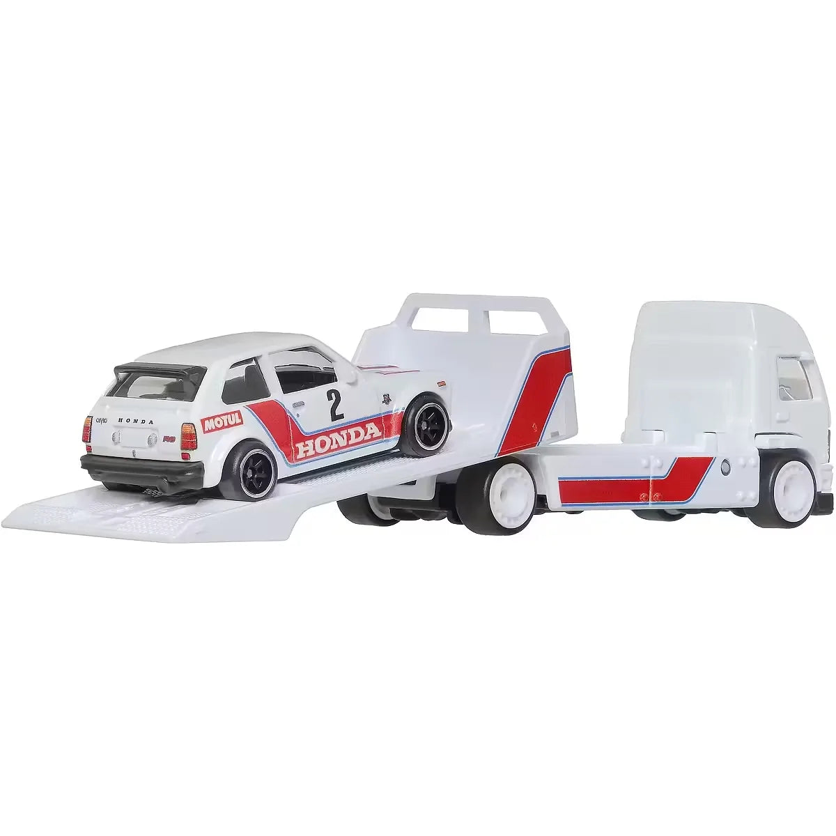Hot Wheels 1:64 '73 Honda Civic Custom with Aero Lift Team Transport #80 JBM36 FLF56 featuring Honda racing livery, Real Riders tires, and Metal Metal construction.