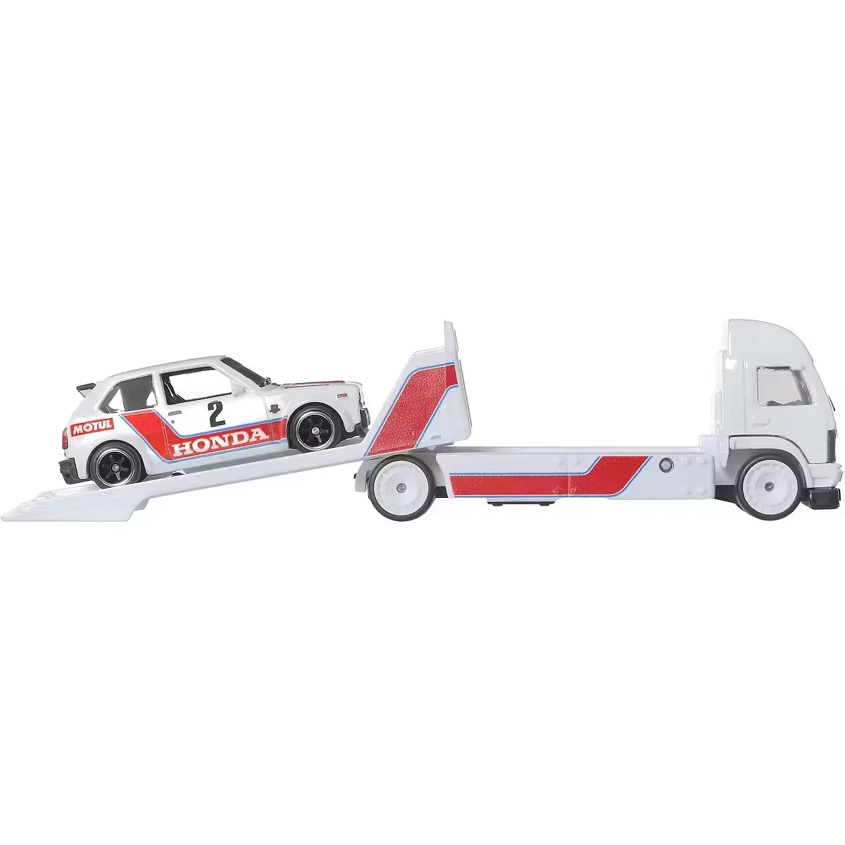 Hot Wheels 1:64 '73 Honda Civic Custom with Aero Lift Team Transport #80 JBM36 FLF56 featuring Honda racing livery, Real Riders tires, and Metal Metal construction.